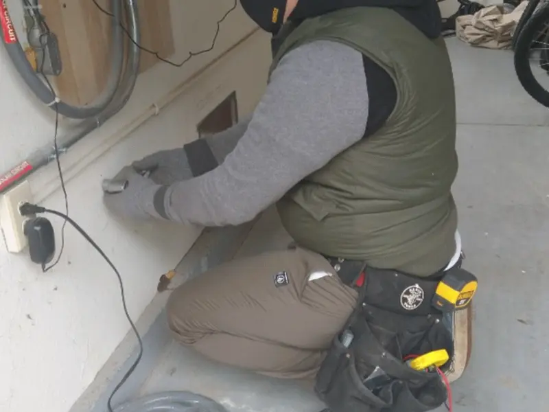 Electrician performing outlet wiring in a Boston garage